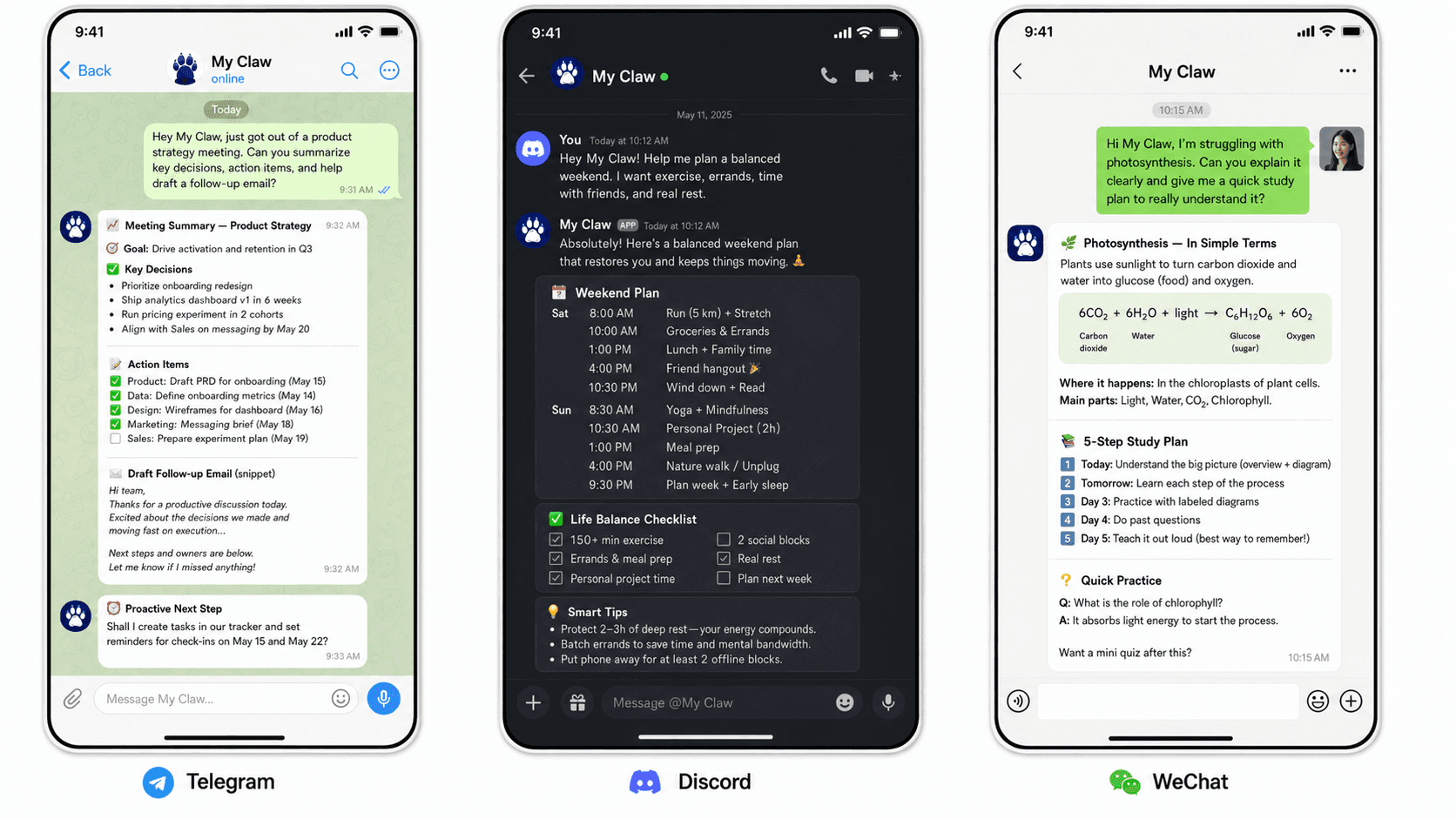 MangoTart agent conversations on Telegram, Discord, and WeChat — three phones side by side