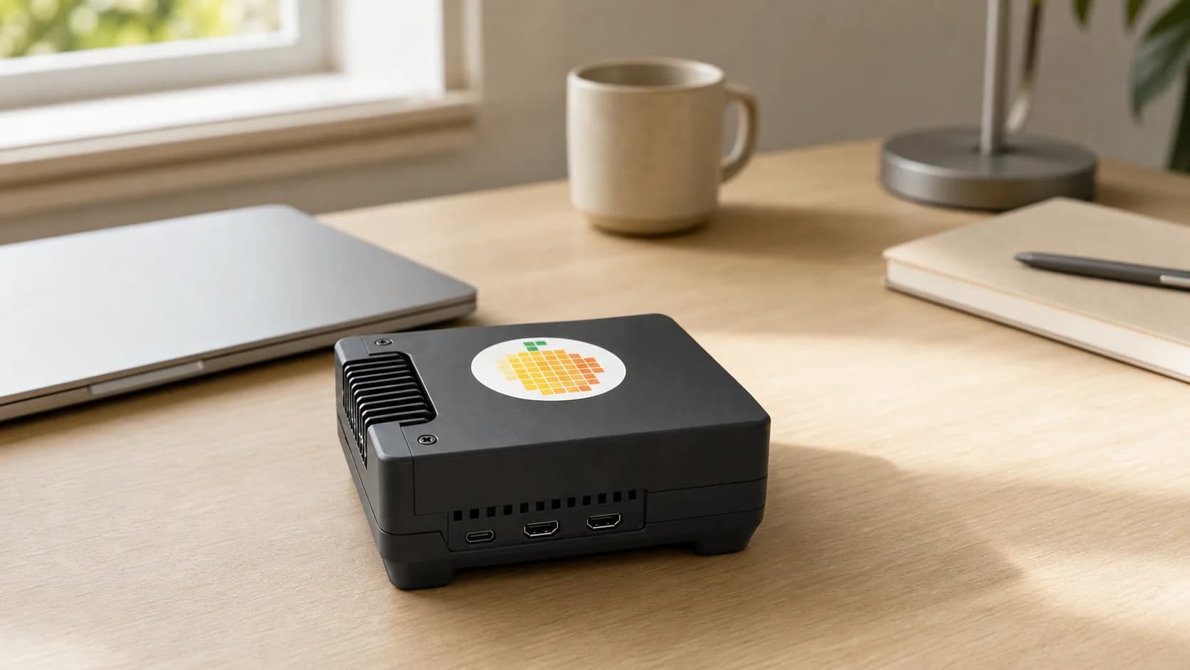 MangoTart on a warm desk, a compact black AI agent computer with the MangoTart logo on top