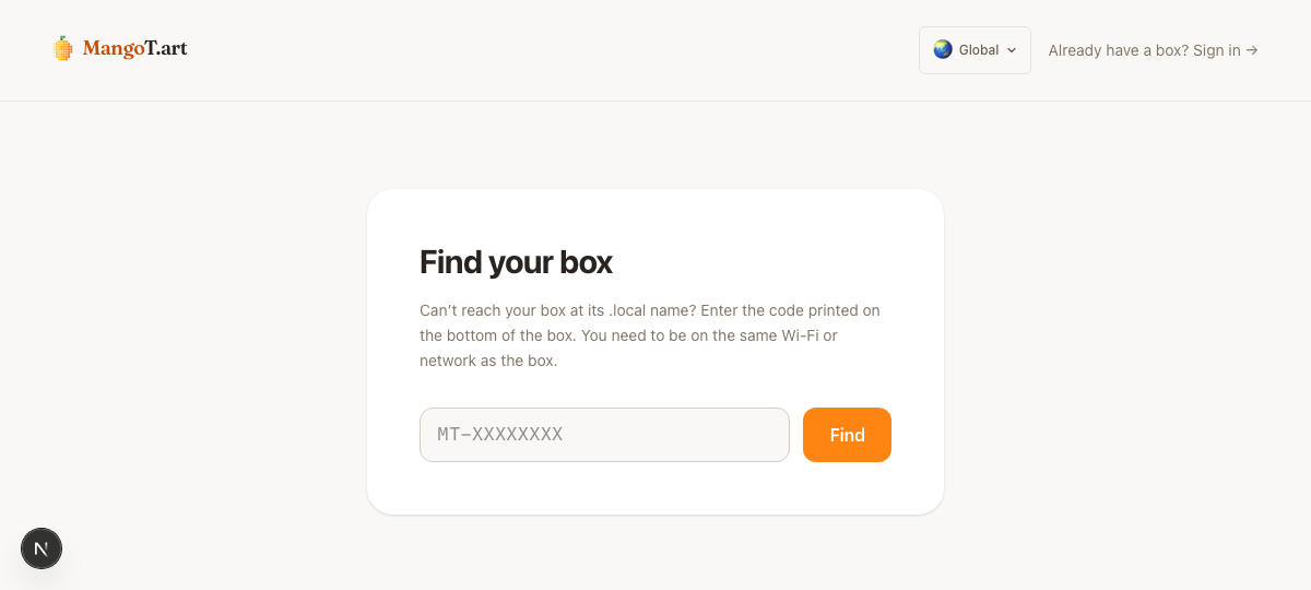 The find-your-box page on mangot.art