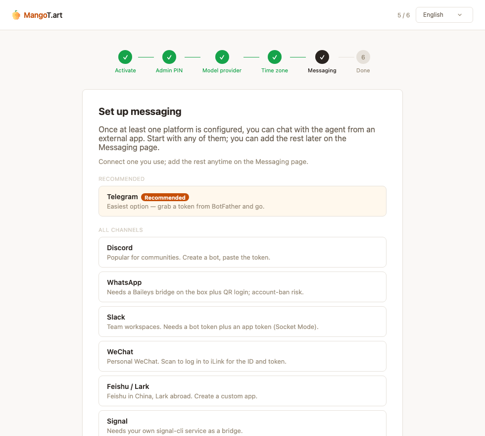 The Set-up-messaging step, with Telegram recommended