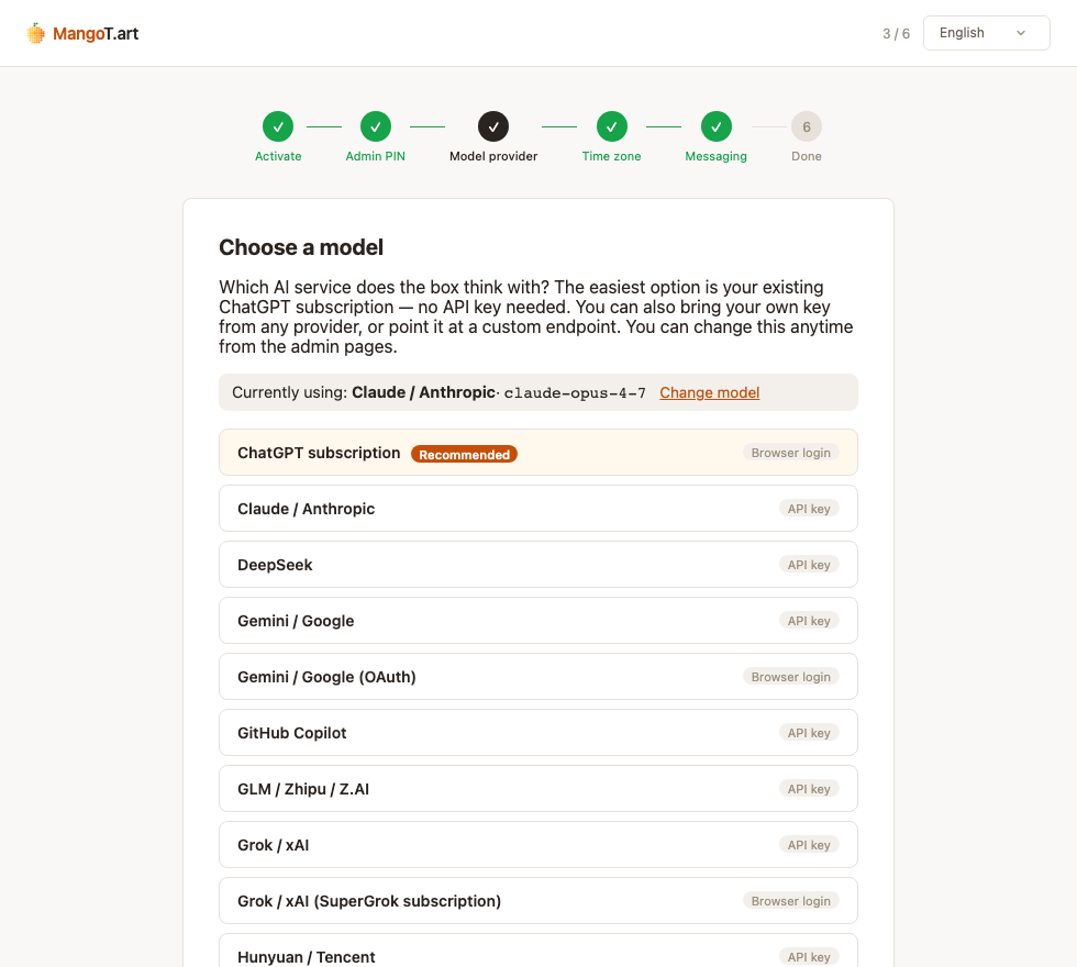 The Choose-a-model step, with ChatGPT subscription recommended