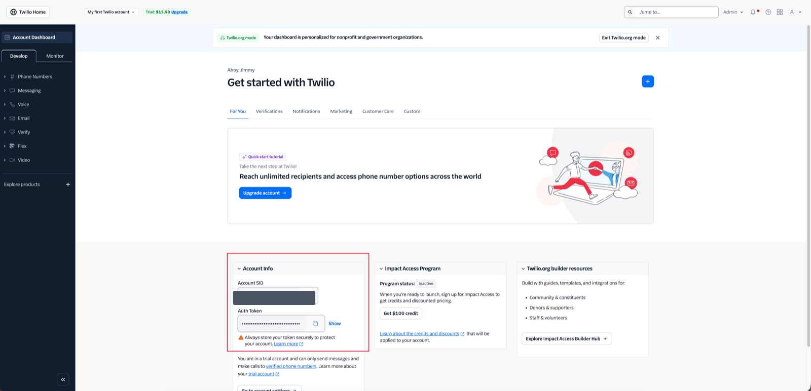 Twilio 的 Account Info 面板,含 Account SID 和 Auth Token